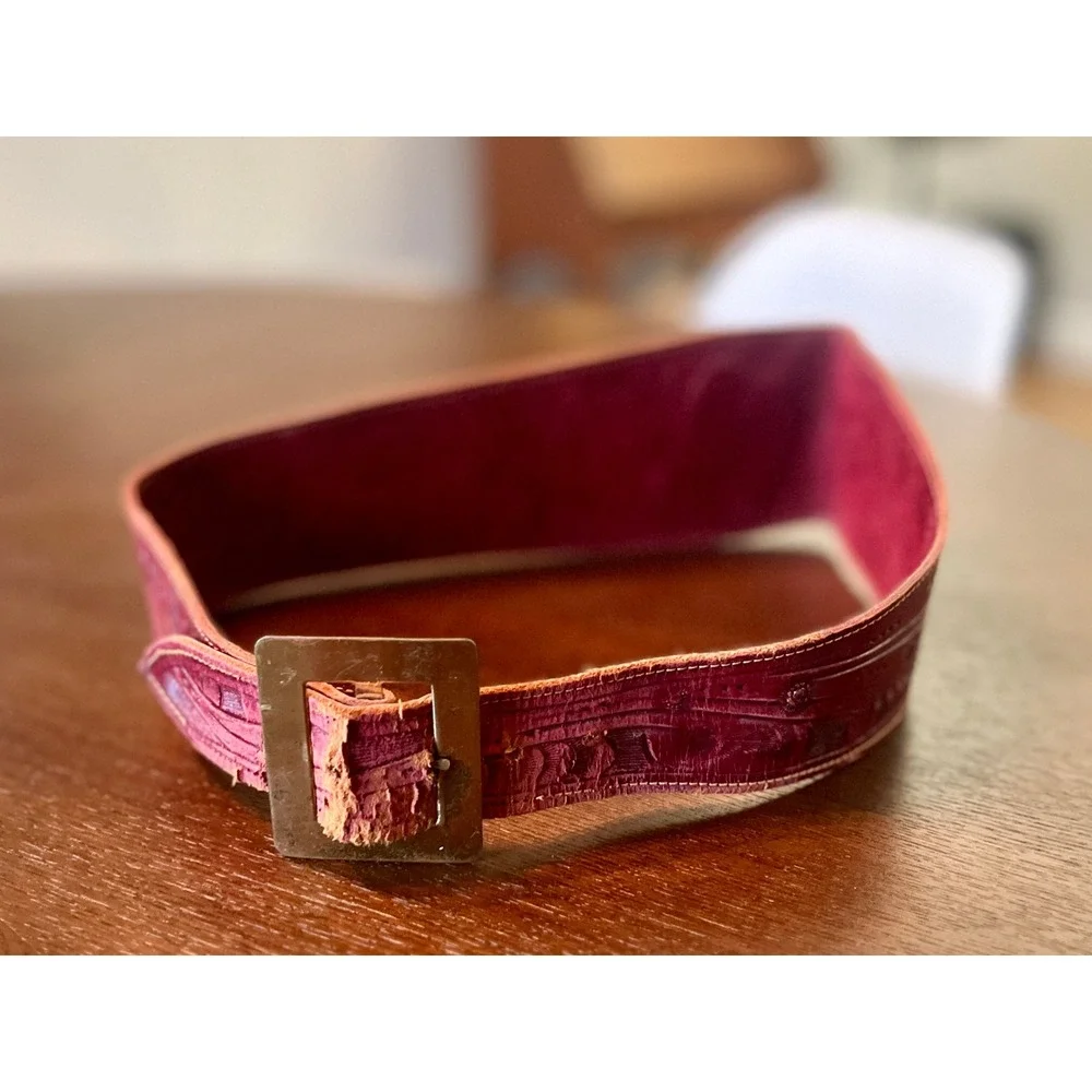 Gaitan Tooled Leather Belt Women 33.5 Burgundy Fair Vintage Floral Wide Western